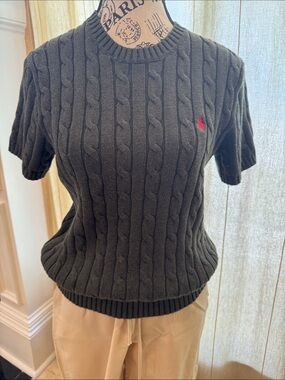 Ralph Lauren Dark Gray Cable Knit Short Sleeve Sweater with Red Pony
